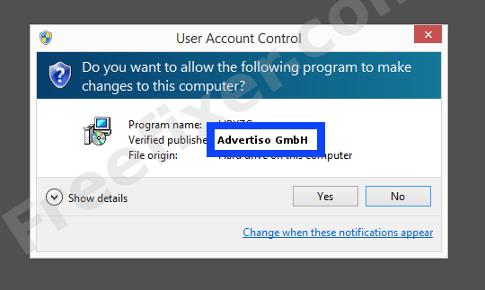 Screenshot where Advertiso GmbH appears as the verified publisher in the UAC dialog